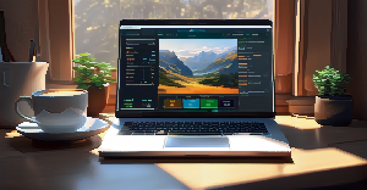 A cozy workspace with a laptop showing a cryptocurrency portfolio and financial books, illuminated by warm light from a window.