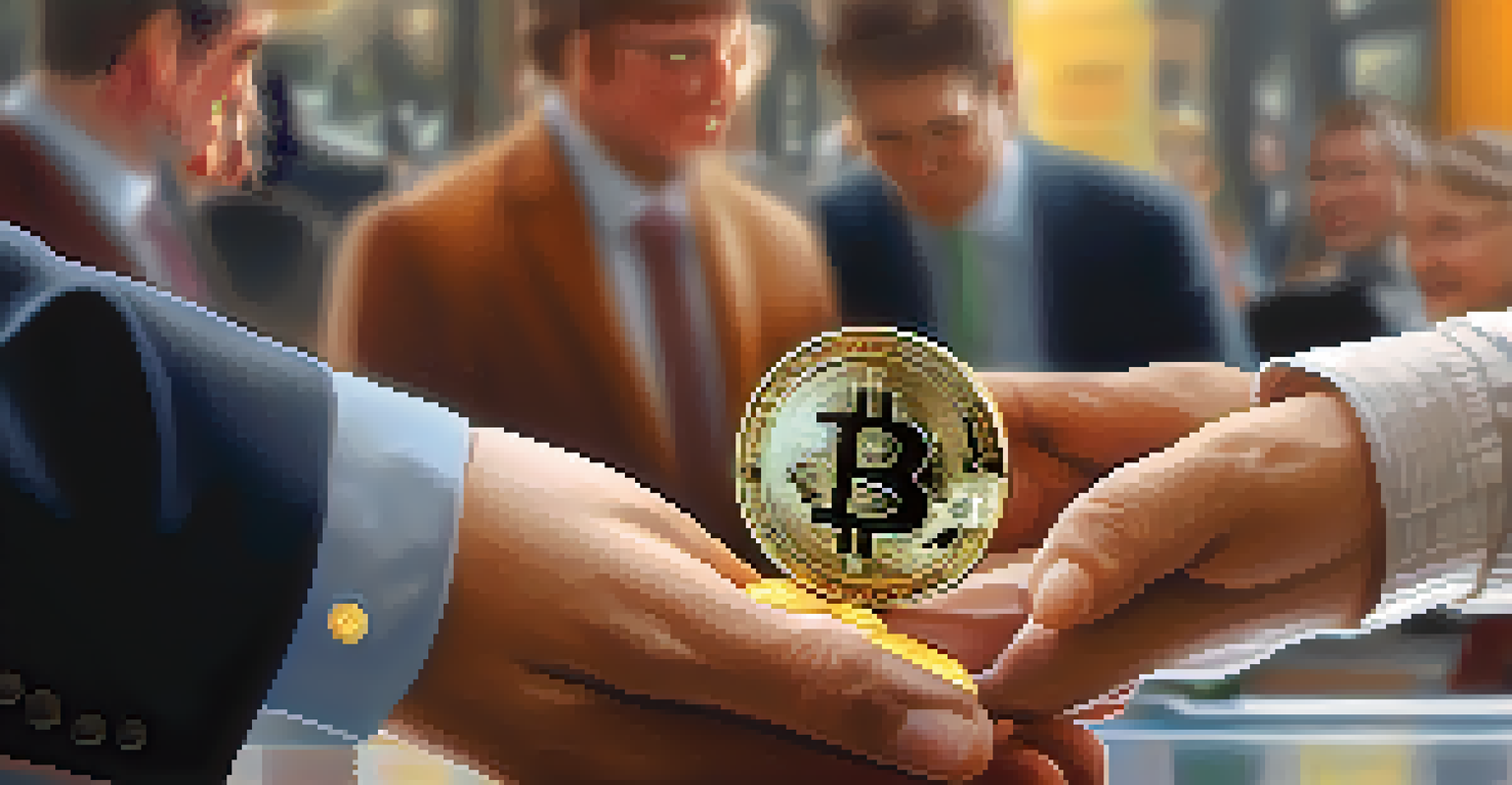 Close-up of hands exchanging a physical Bitcoin token, set in a warm-lit charity organization office background.