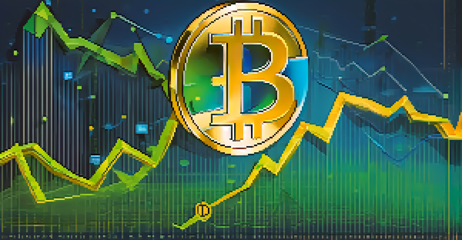 An abstract image depicting a rising graph with Bitcoin and traditional asset symbols against a blue-green gradient background.