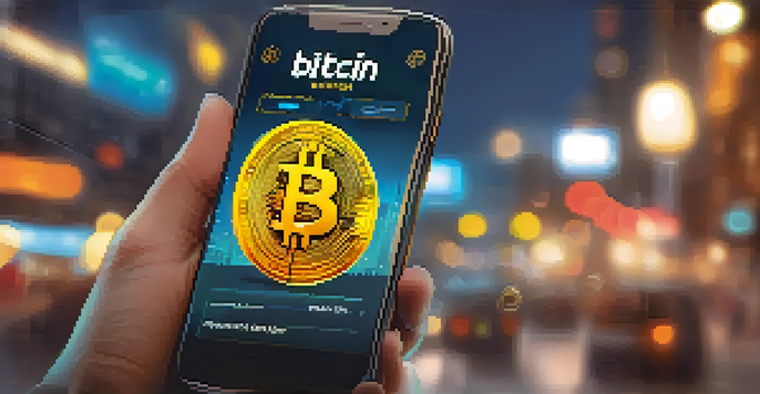 A close-up of a smartphone screen showing a mobile wallet application for Bitcoin transactions against a blurred urban background.