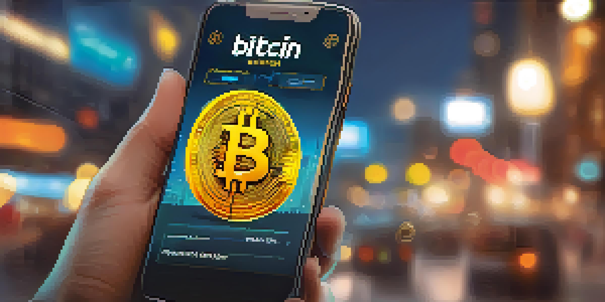 A close-up of a smartphone screen showing a mobile wallet application for Bitcoin transactions against a blurred urban background.