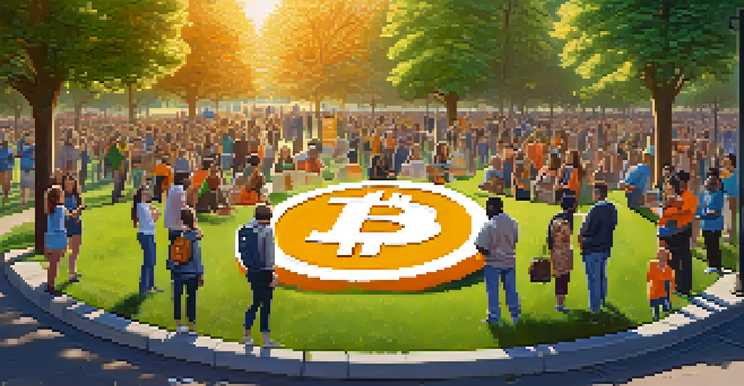 A diverse group of people in a park, gathered around a large Bitcoin symbol, promoting cryptocurrency fundraising.