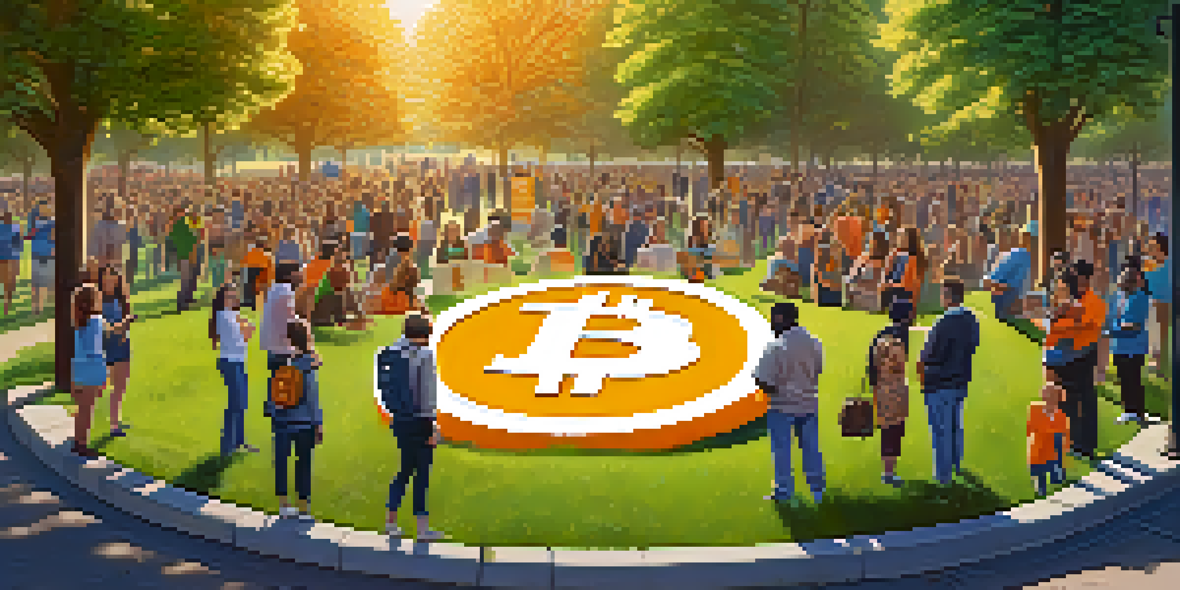A diverse group of people in a park, gathered around a large Bitcoin symbol, promoting cryptocurrency fundraising.