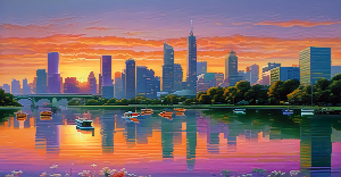A modern city skyline at dusk with skyscrapers reflecting sunset colors in a calm river.