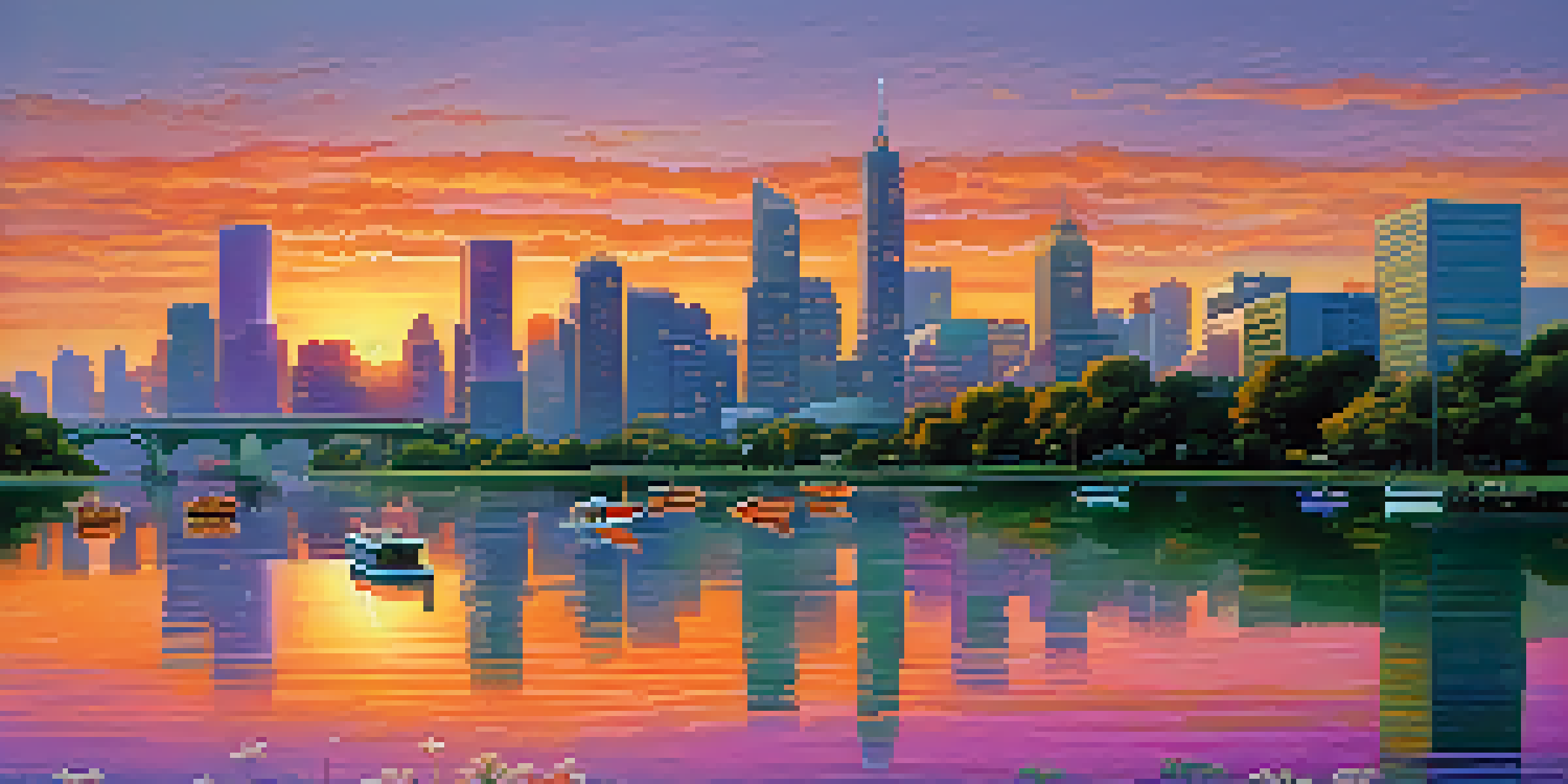 A modern city skyline at dusk with skyscrapers reflecting sunset colors in a calm river.