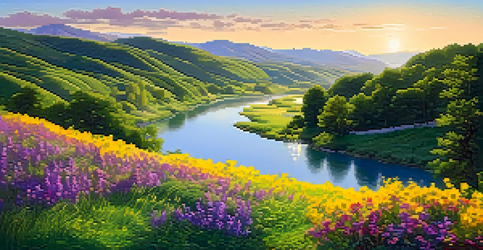 A peaceful river flowing through a vibrant green valley with wildflowers in the foreground and a clear blue sky above.