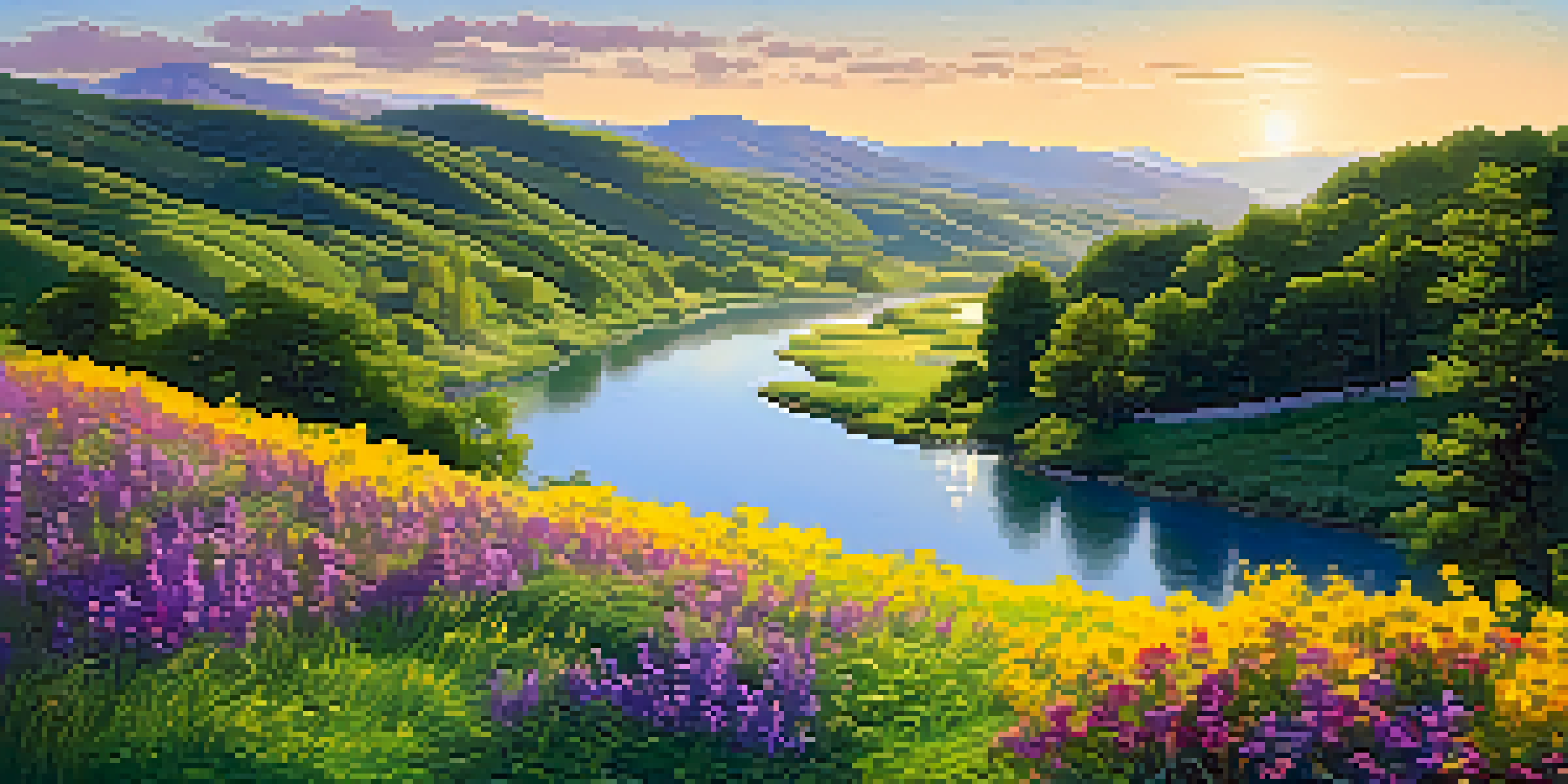 A peaceful river flowing through a vibrant green valley with wildflowers in the foreground and a clear blue sky above.