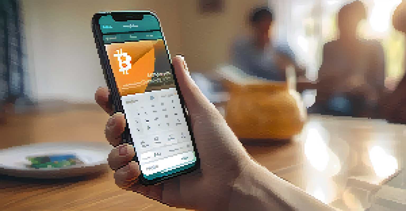 A close-up of a smartphone showing a Bitcoin wallet app in a Zimbabwean home, with a family in the background discussing finances.