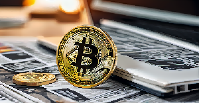 A Bitcoin coin on top of financial newspapers with a blurred laptop in the background displaying cryptocurrency charts.