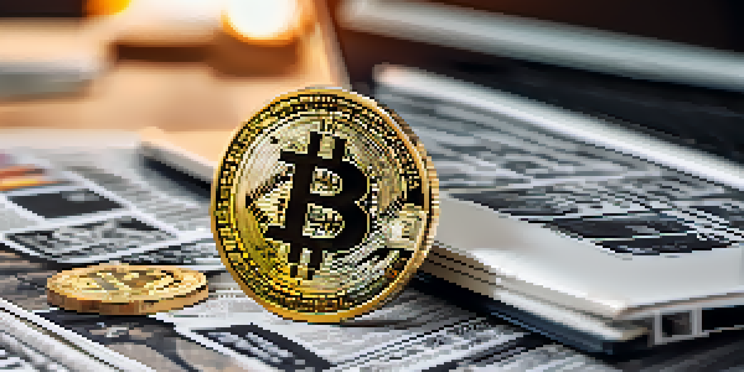 A Bitcoin coin on top of financial newspapers with a blurred laptop in the background displaying cryptocurrency charts.