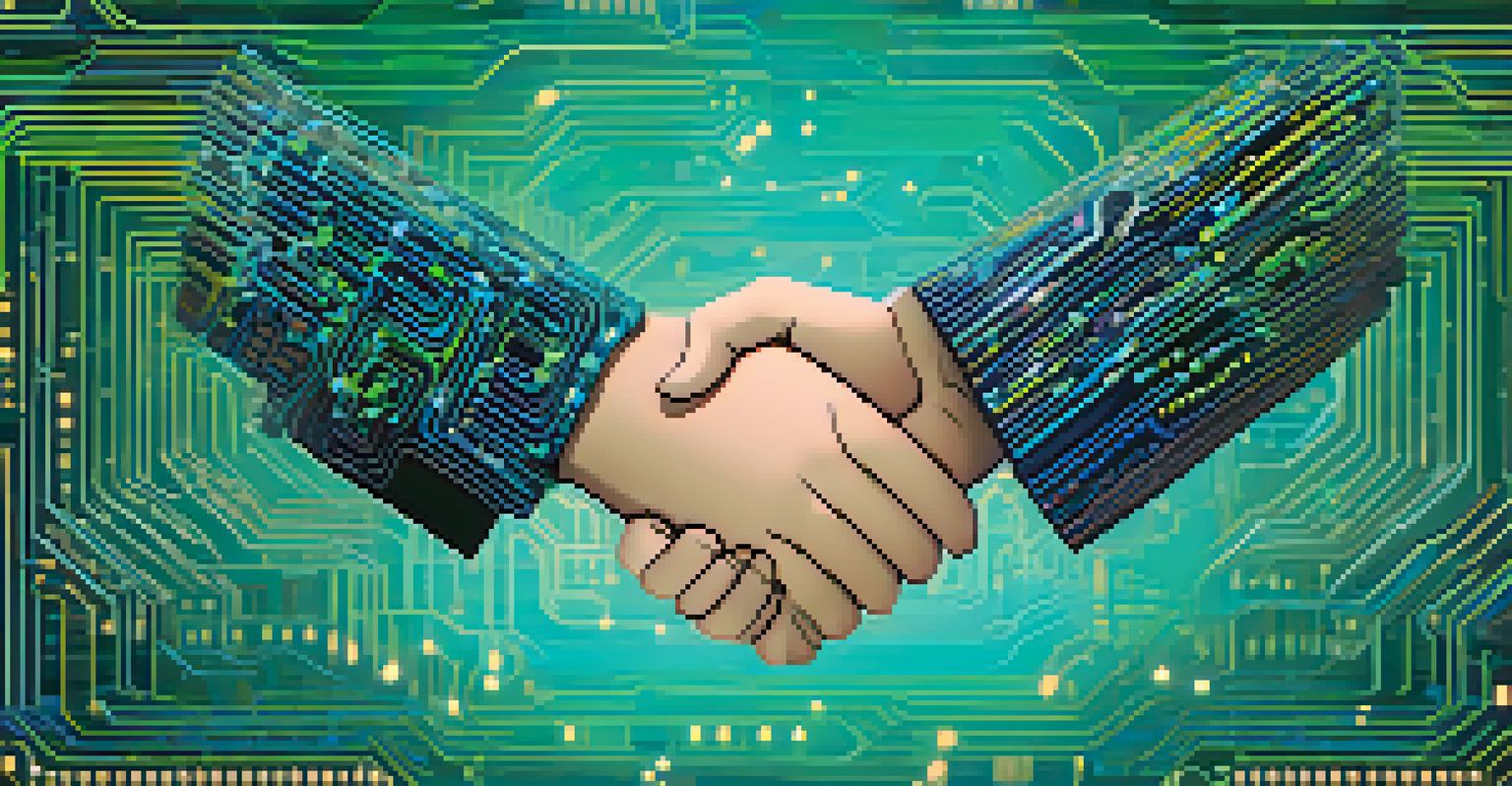 A digital handshake between two circuit-patterned hands, surrounded by abstract blockchain logos and icons in a bright color palette.
