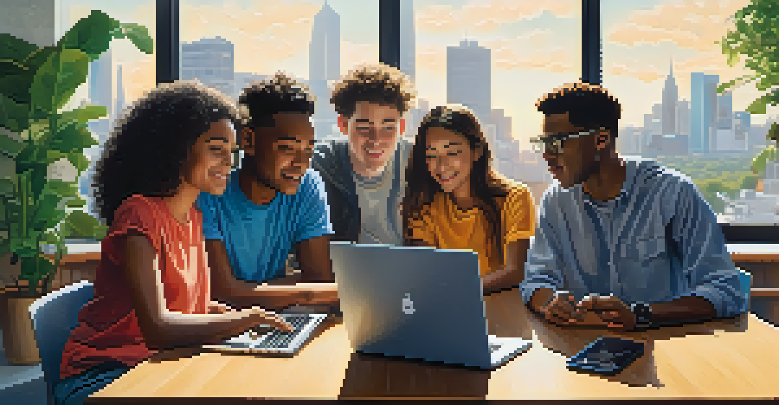A diverse group of young people discussing charitable giving with Bitcoin around a table in a bright room.