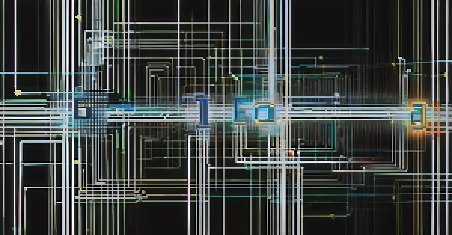 An abstract image illustrating blockchain technology with interconnected nodes and flowing lines of code against a dark background.
