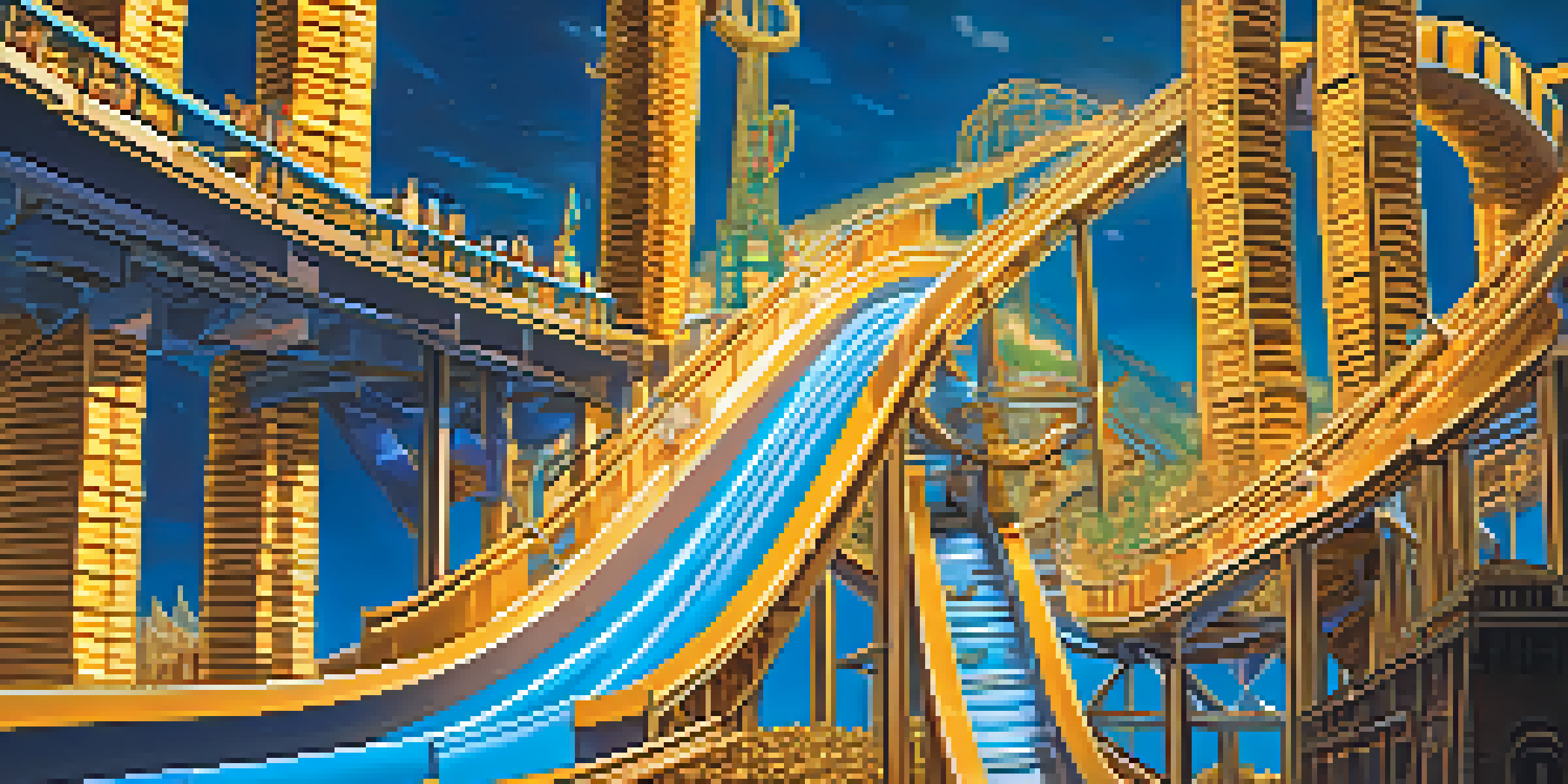 A roller coaster made of golden coins representing Bitcoin volatility, with candlestick charts and dollar bills, set against a blue sky.