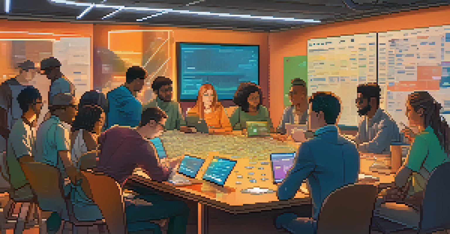 A diverse group of people discussing Bitcoin at a table, with laptops and colorful notes in a warmly lit room.