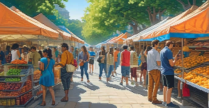 A diverse group of people in an outdoor market using smartphones to access Bitcoin wallets, surrounded by colorful stalls.