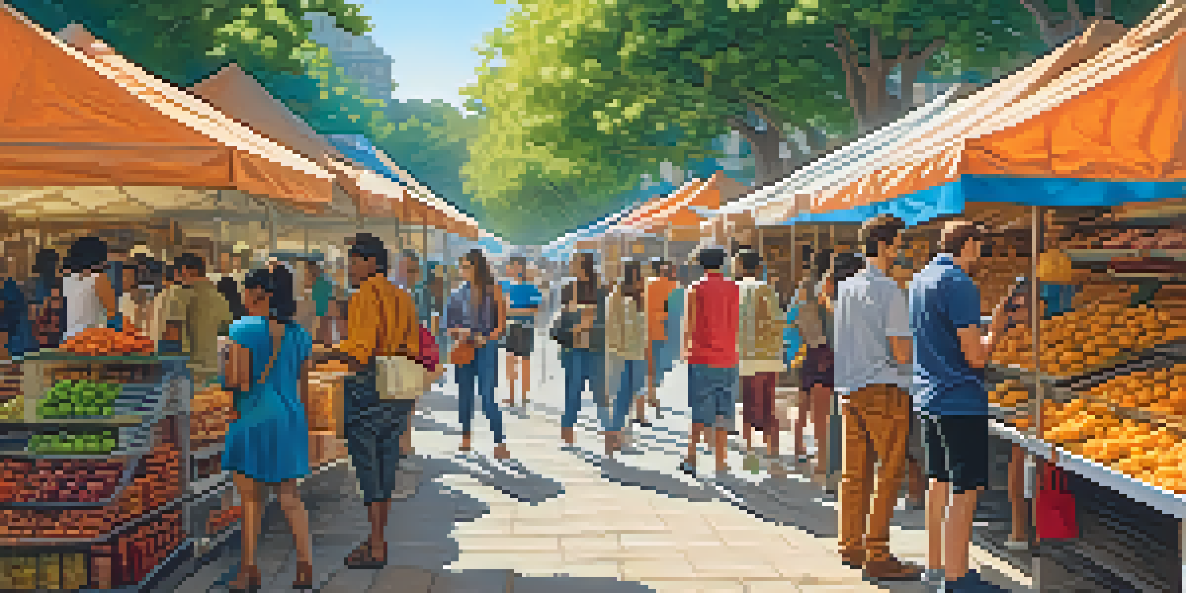 A diverse group of people in an outdoor market using smartphones to access Bitcoin wallets, surrounded by colorful stalls.