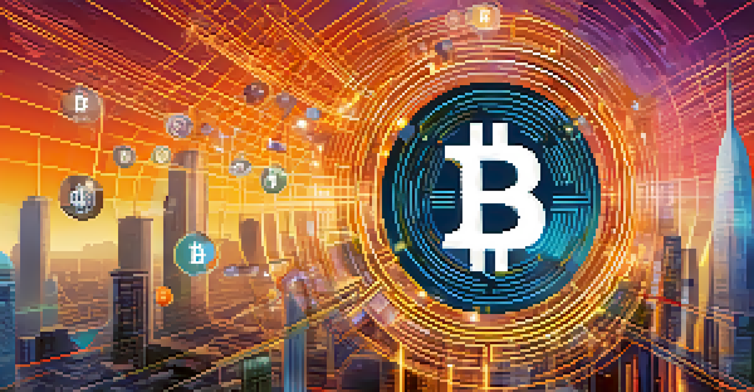 An abstract illustration of interconnected digital networks symbolizing Bitcoin transactions with a futuristic city skyline.