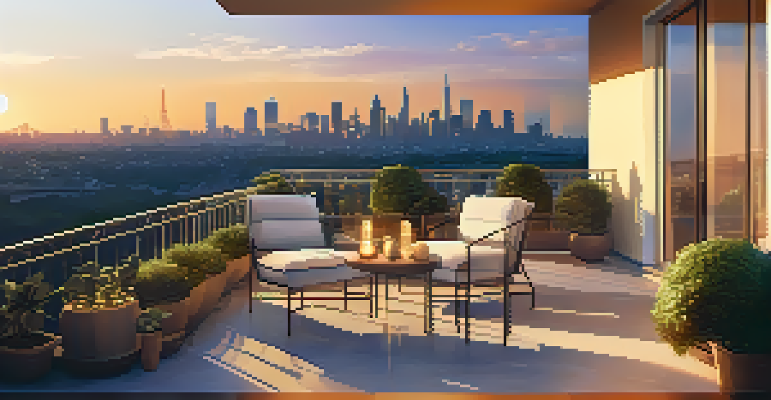 A luxury apartment balcony at sunset with a view of the city skyline, featuring stylish decor and a subtle Bitcoin symbol.