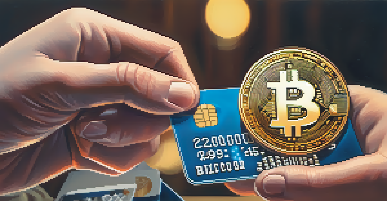 A close-up of hands exchanging a Bitcoin coin and a credit card, with a blurred background.