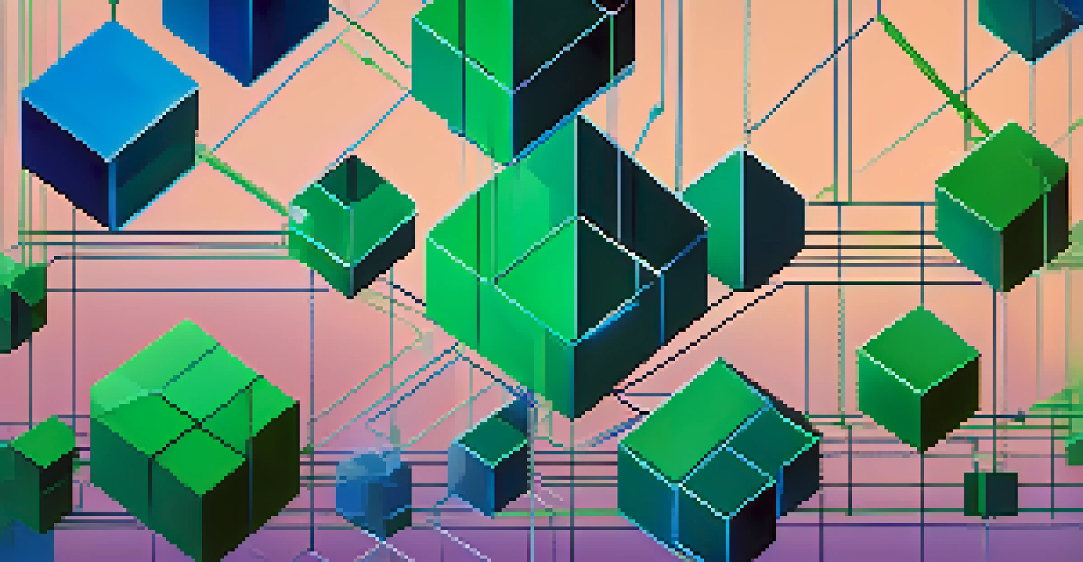 An abstract image showing interconnected blocks and chains representing blockchain technology in blue and green colors against a digital-textured background.