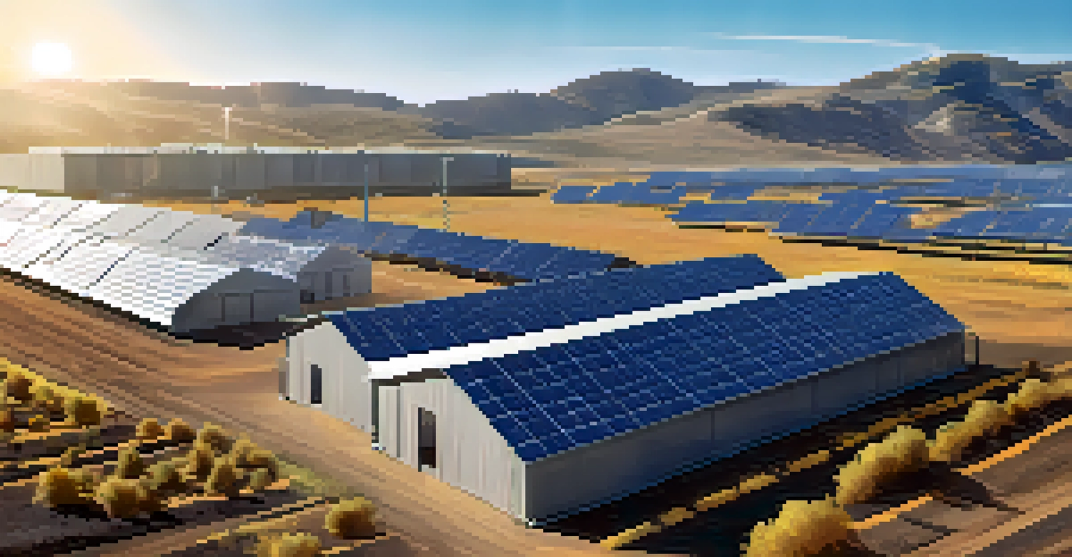 A Bitcoin mining farm with solar panels and mining containers under a clear blue sky.