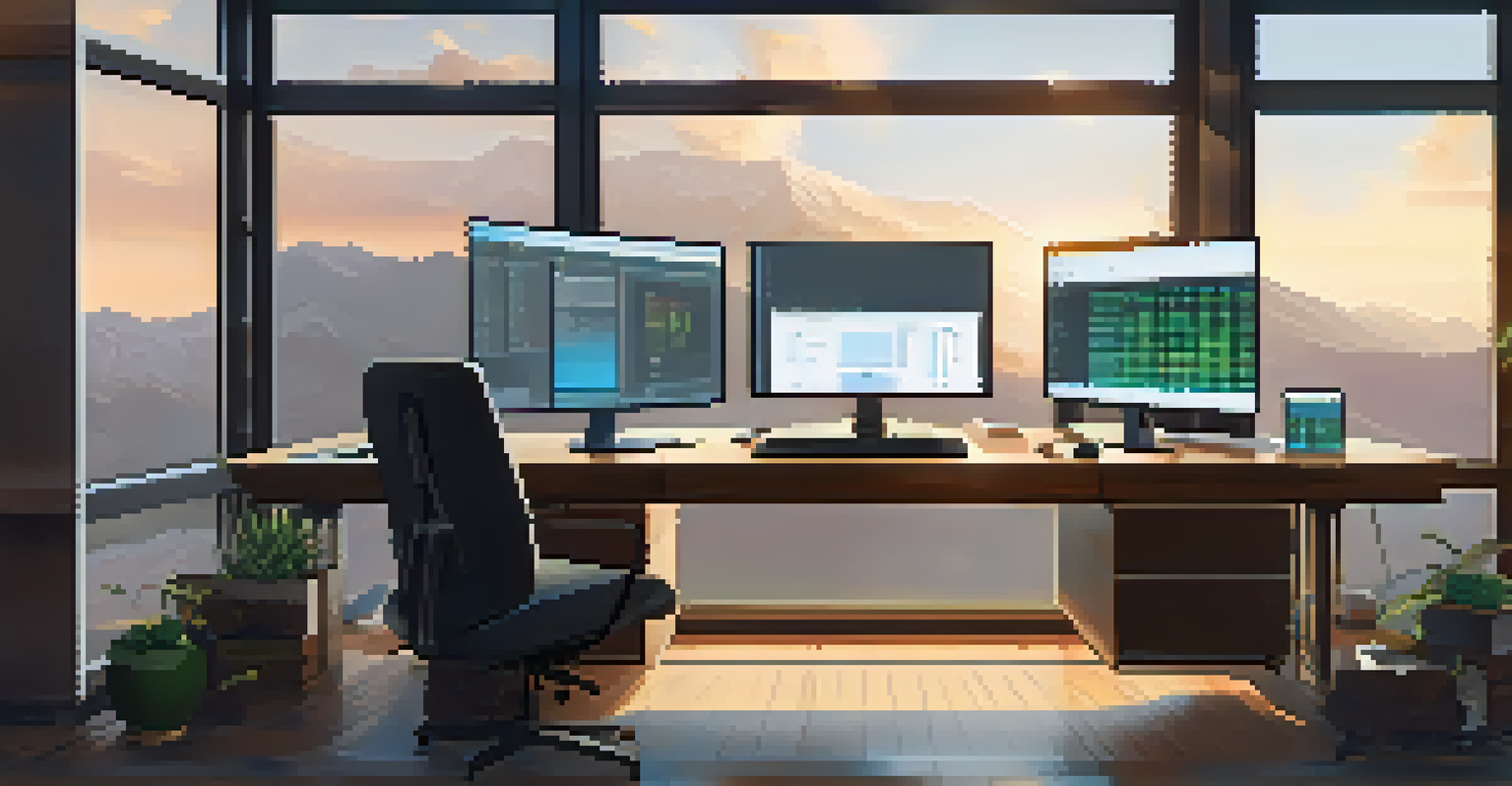 A peaceful workspace for cryptocurrency mining, with a computer setup, multiple monitors, and a notepad, illuminated by soft natural light.