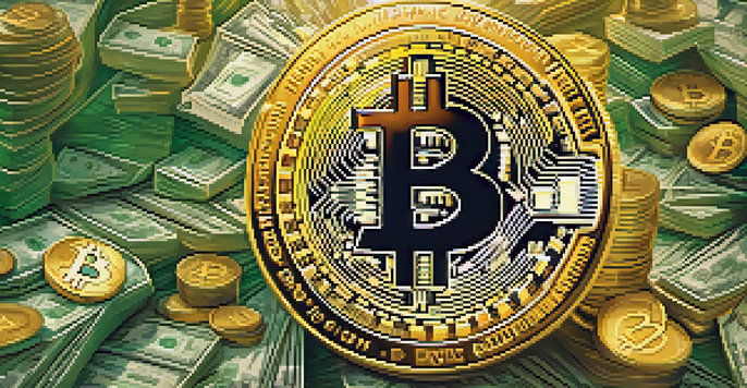 A digital representation of Bitcoin surrounded by cash and gold coins, with a graph in the background showing rising trends.