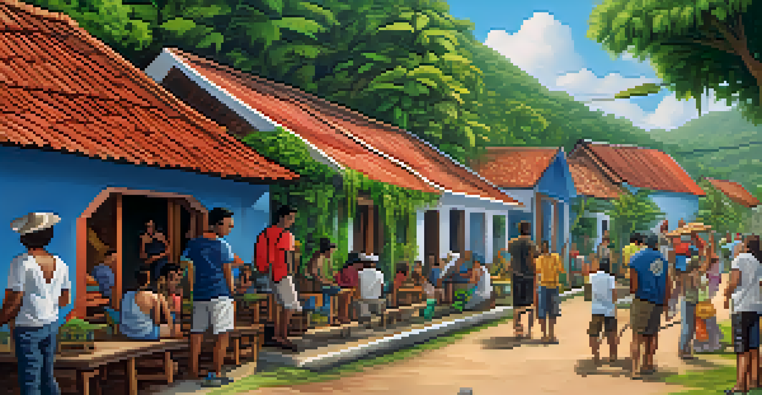 A peaceful village scene in Venezuela where residents are learning about Bitcoin on their smartphones, surrounded by greenery and traditional houses.