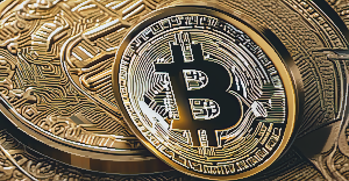 A close-up of a Bitcoin coin on a reflective surface, showcasing its detailed engravings and golden color under soft lighting.