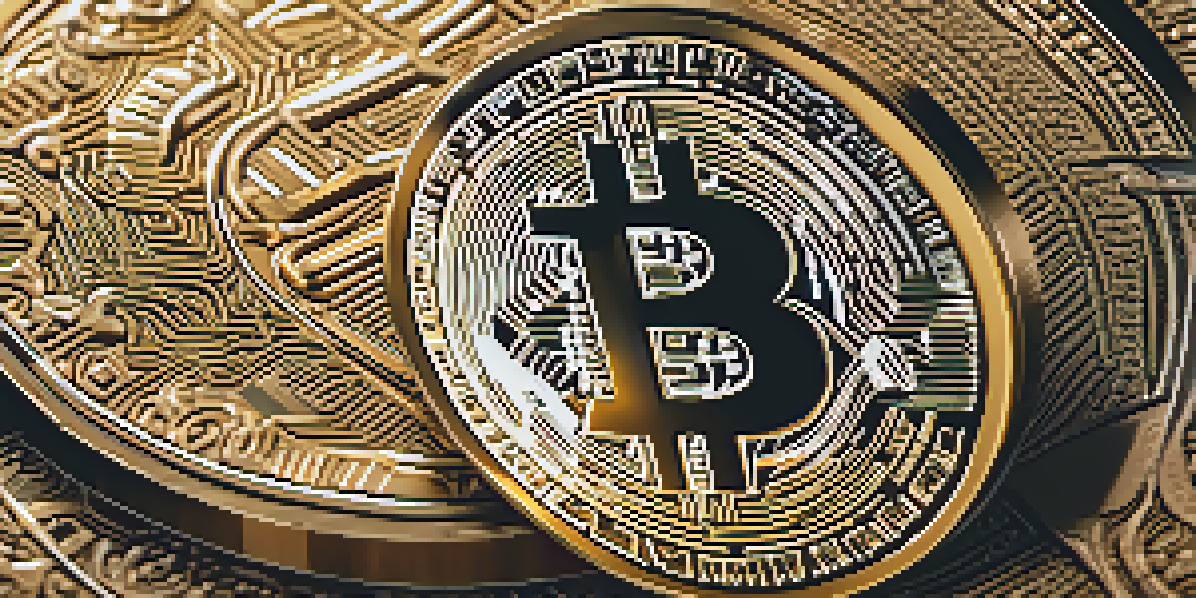 A close-up of a Bitcoin coin on a reflective surface, showcasing its detailed engravings and golden color under soft lighting.