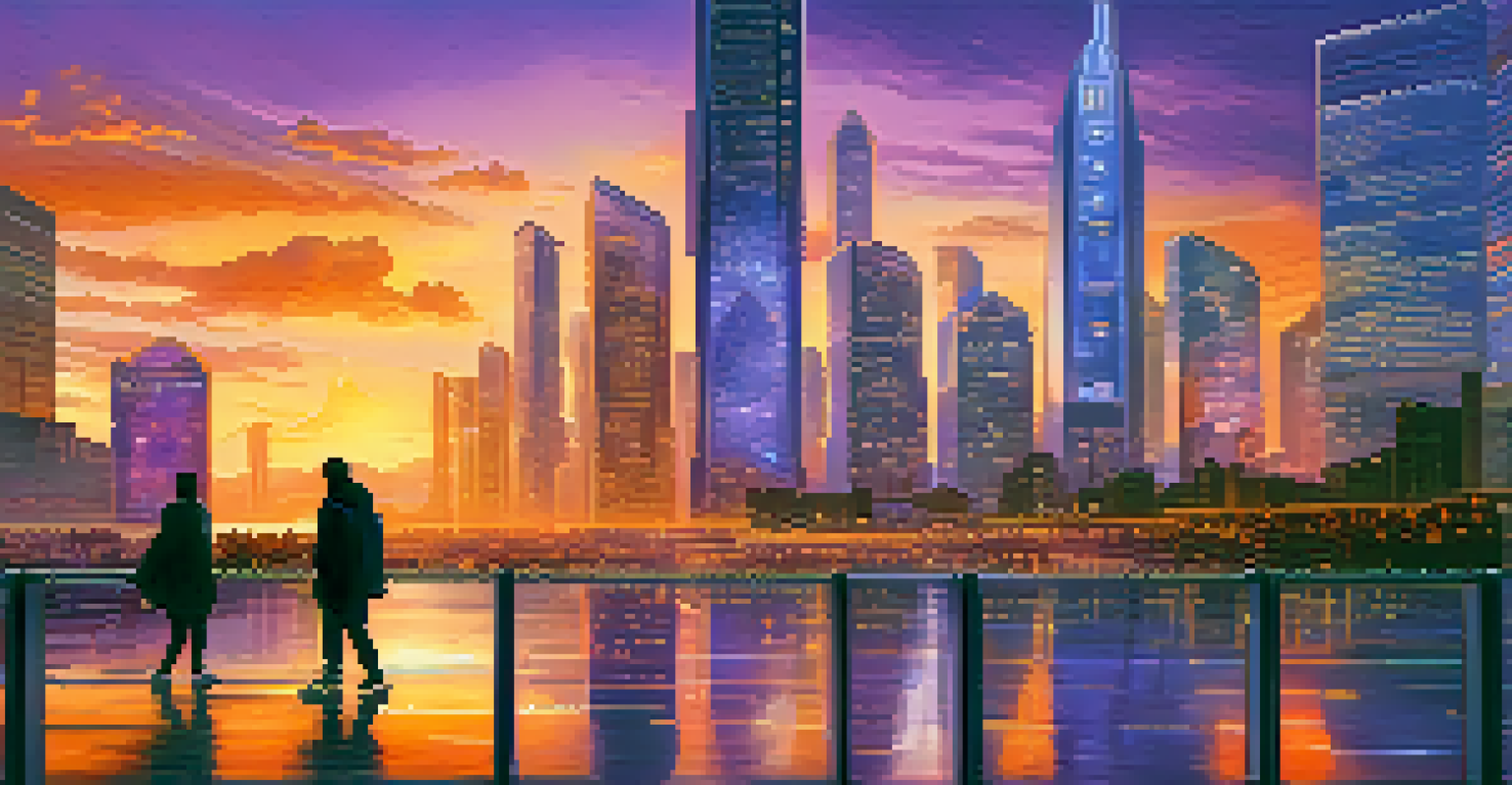 A city skyline at sunset with digital screens showing cryptocurrency prices, symbolizing investment growth.