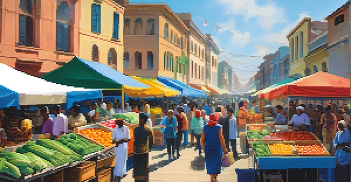 A lively outdoor market with people interacting and exchanging cash, surrounded by colorful stalls of fruits and crafts.