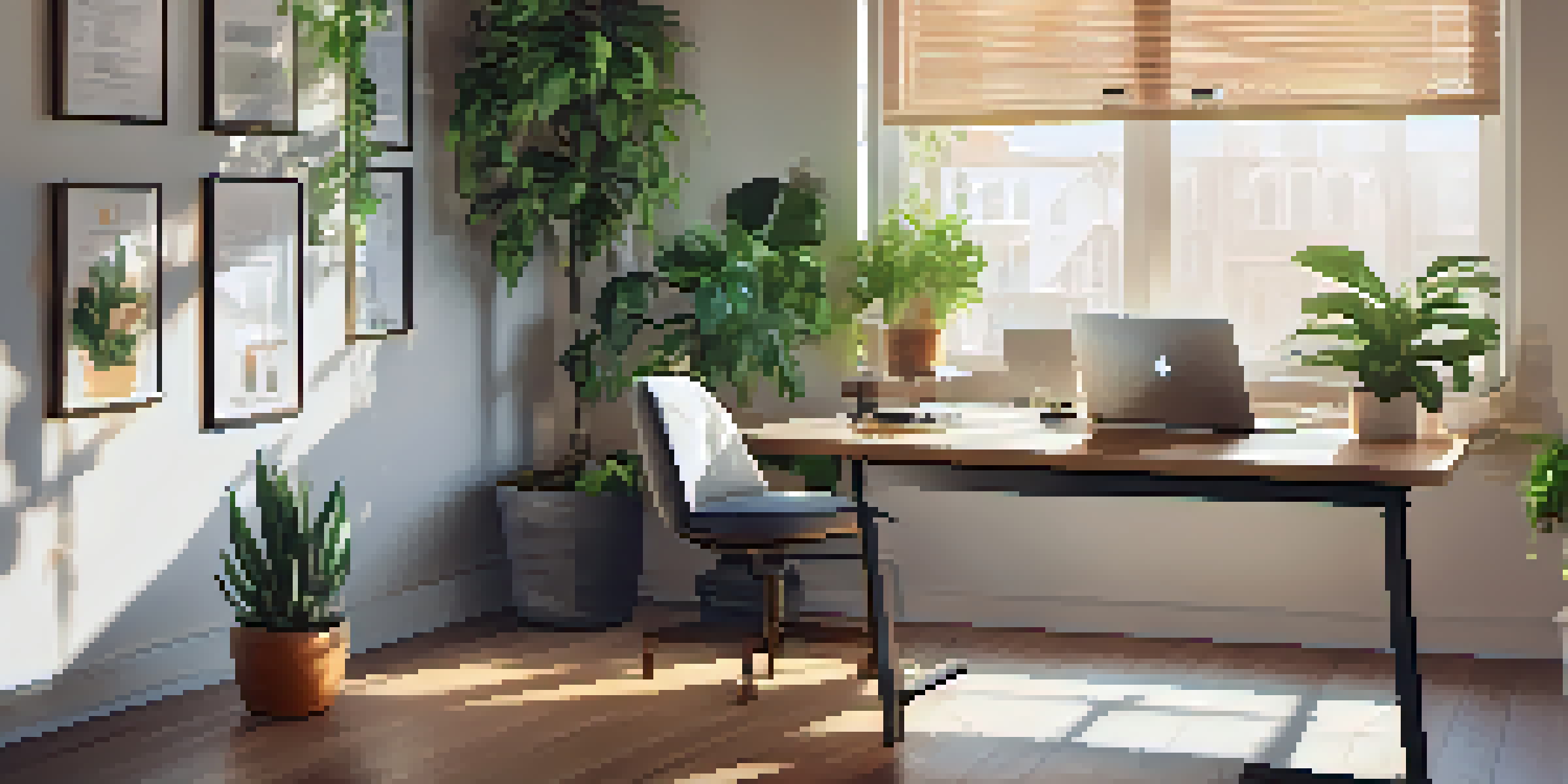 A modern desk with a laptop showing a Bitcoin wallet interface, surrounded by plants and a coffee cup in a well-lit room.