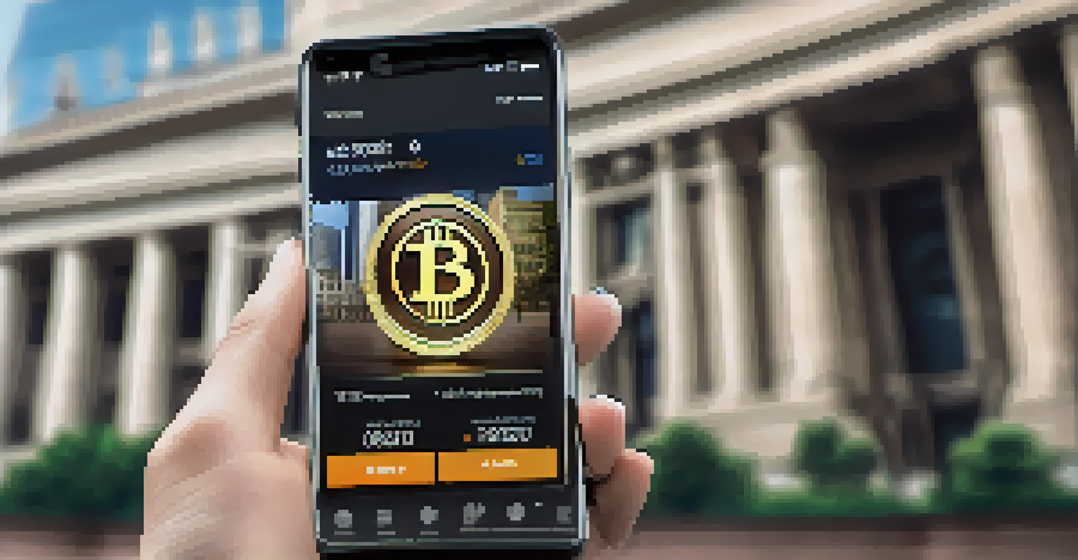 A close-up of a hand holding a smartphone with a Bitcoin wallet app, with a traditional bank building in the background.