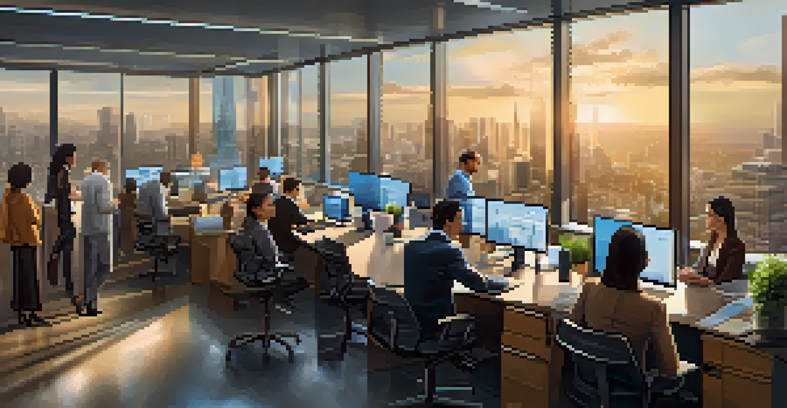 A modern office scene with a diverse group discussing Bitcoin taxation, featuring large windows, city views, and digital screens showing cryptocurrency data.