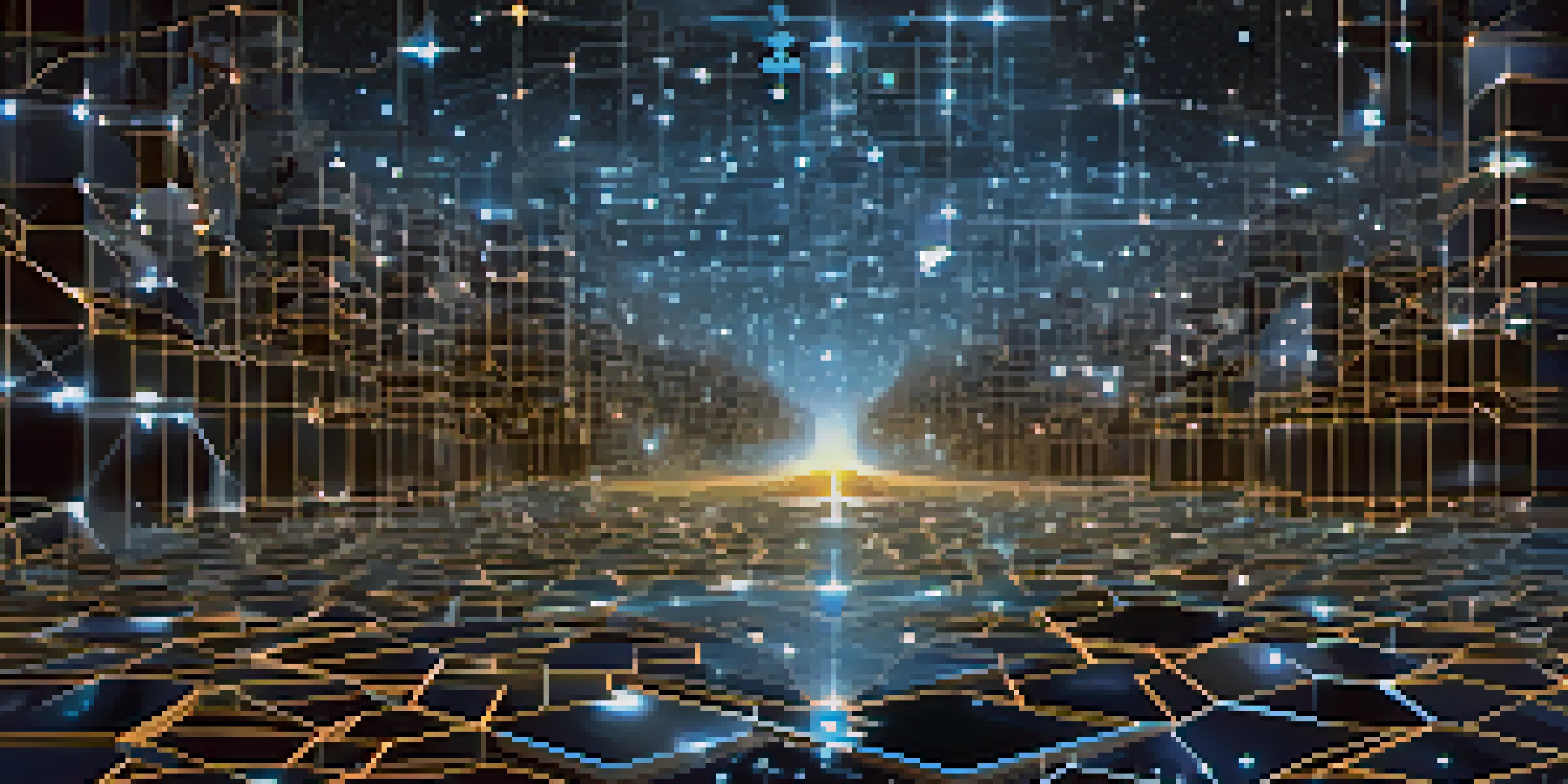 A digital illustration of a blockchain network with interconnected blocks illuminated by a soft blue glow against a dark starry background.