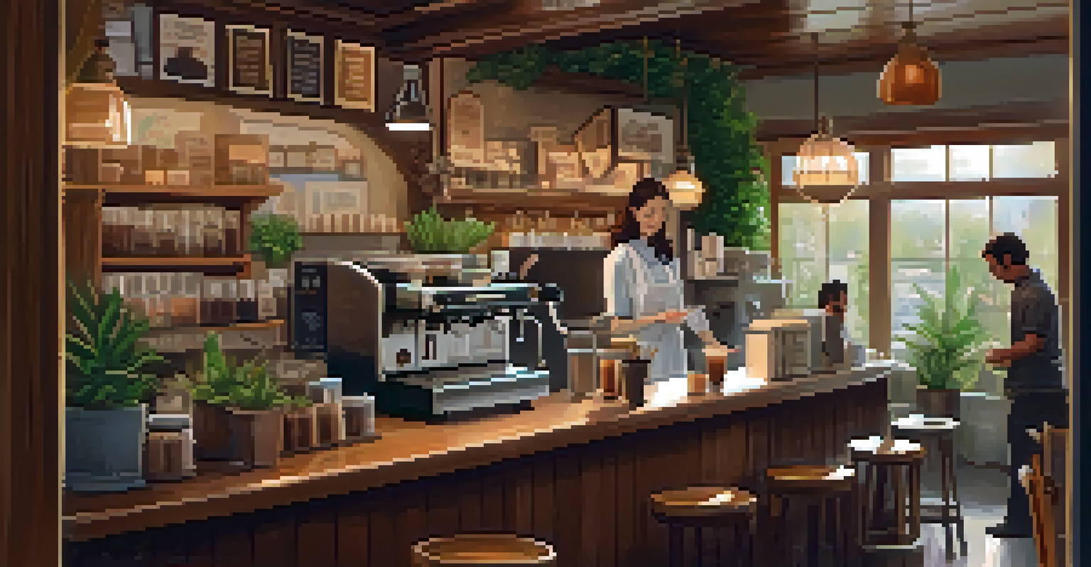 A warm and inviting coffee shop with a barista and customers enjoying drinks.