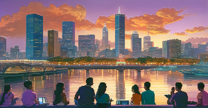 A city skyline at dusk with illuminated buildings and a river, featuring a diverse group of people discussing Bitcoin on digital devices.