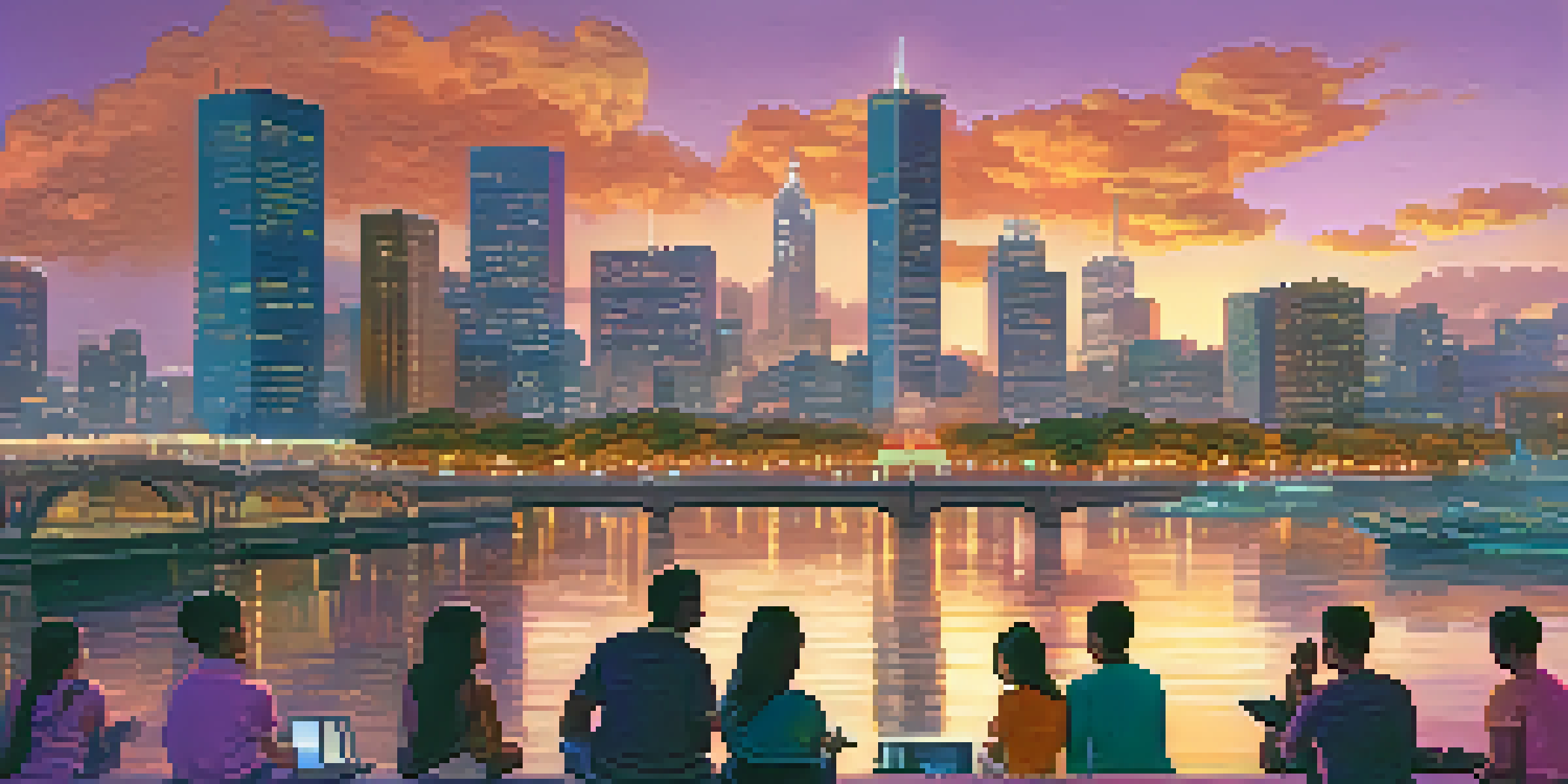 A city skyline at dusk with illuminated buildings and a river, featuring a diverse group of people discussing Bitcoin on digital devices.