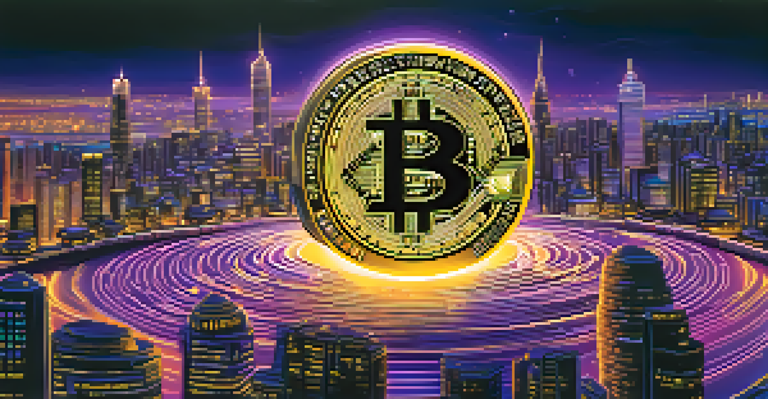 Glowing golden Bitcoin coins swirling around a globe with a futuristic city skyline in the background.