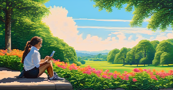 A person in a green park using a smartphone for a Bitcoin transaction, surrounded by flowers and trees, under a clear blue sky.