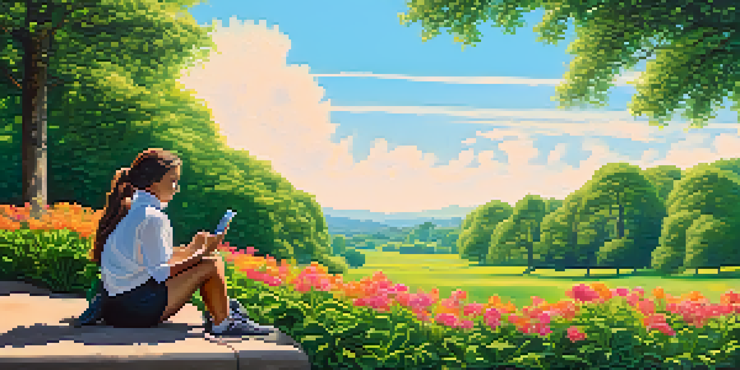 A person in a green park using a smartphone for a Bitcoin transaction, surrounded by flowers and trees, under a clear blue sky.