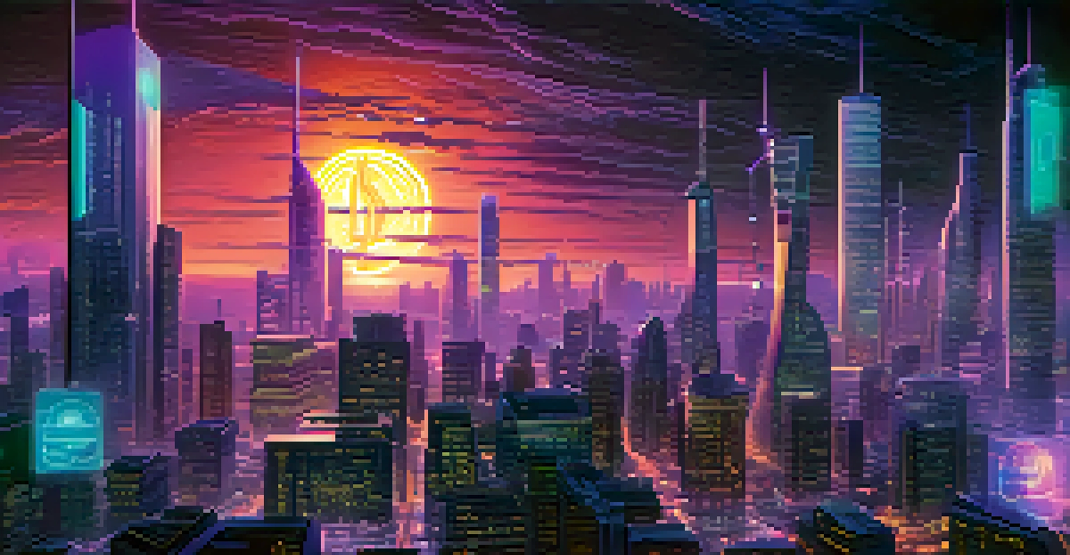 A futuristic city skyline at dusk with holographic Bitcoin price displays.