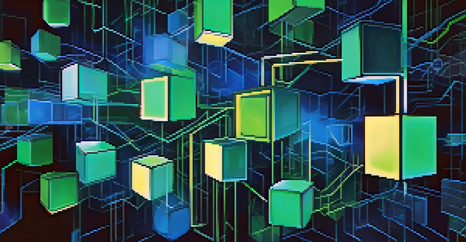 An abstract visualization of blockchain technology with glowing interconnected blocks in blue and green, set against a dark background.