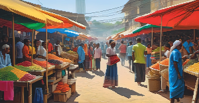 A bustling marketplace with people using smartphones for transactions, surrounded by colorful stalls and warm sunlight.