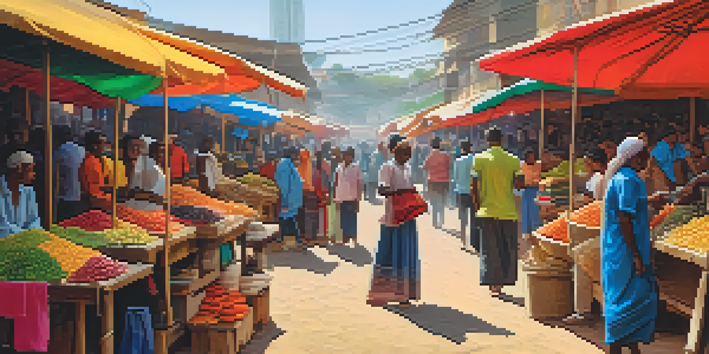 A bustling marketplace with people using smartphones for transactions, surrounded by colorful stalls and warm sunlight.