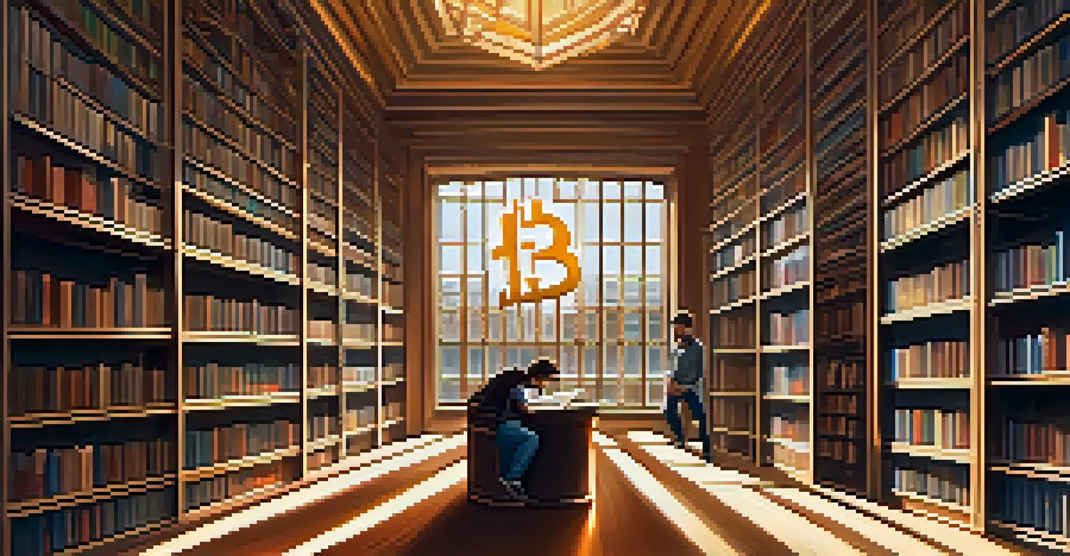 A library with books featuring Bitcoin logos, illuminated by natural light, with a person browsing in the background.