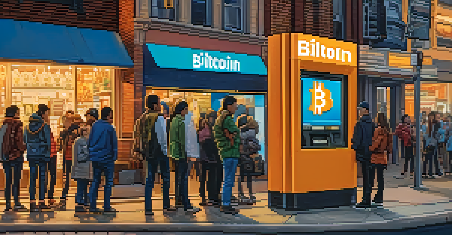 A Bitcoin ATM on a busy urban street corner during dusk, with people interacting around it.