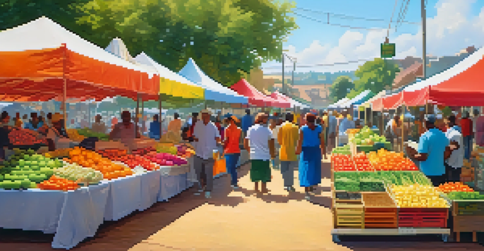 A lively community market with colorful tents, fresh produce, and diverse people interacting.